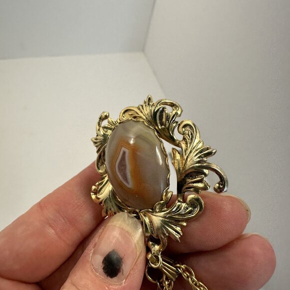 Vintage Jasper Pendant Necklace Ornate Gold Tone Chain 24 in Gothic - Picture 6 of 8